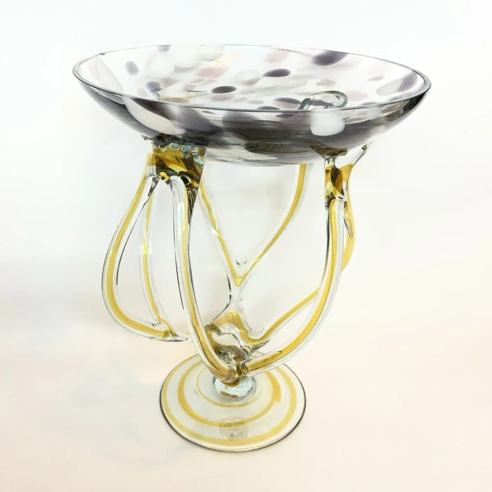 Vintage Jozefina Krosno Poland Cobalt Art Glass Jellyfish Pedestal Bowl 9